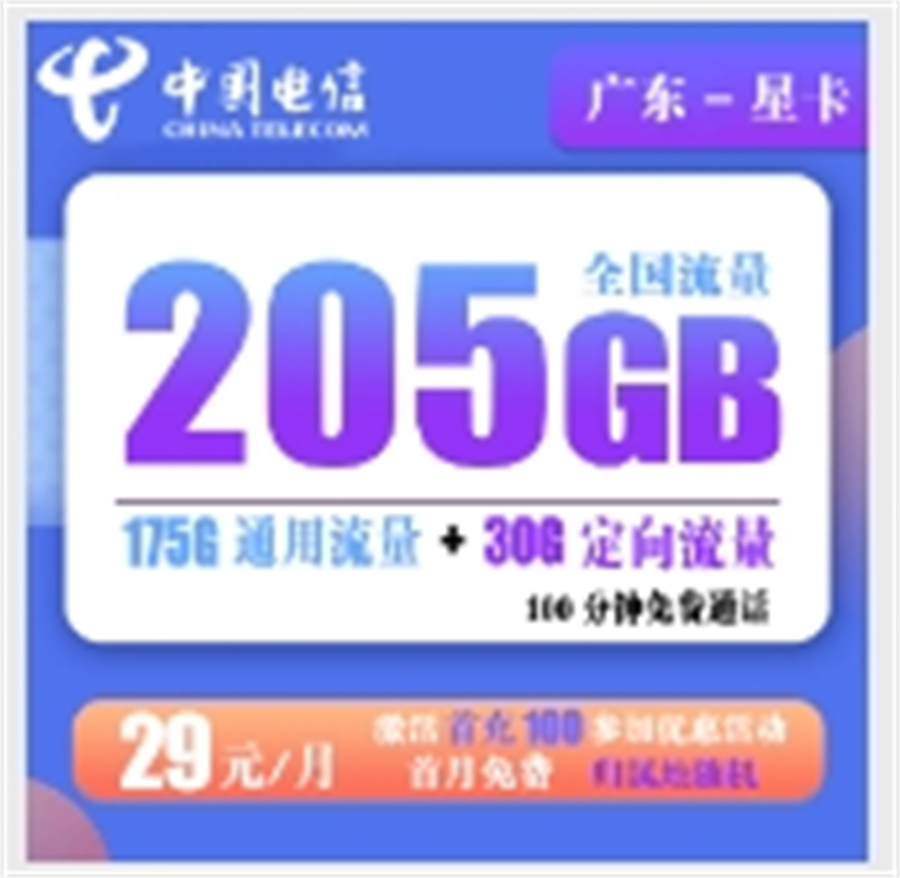 电信广东星卡 29元205G全国流量+1
