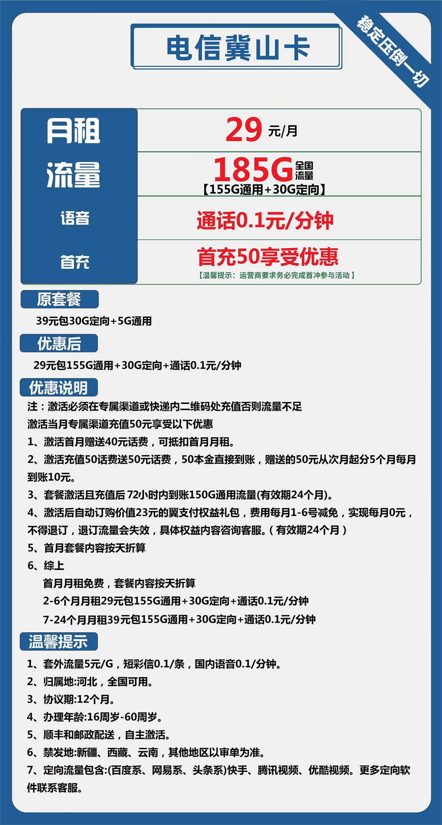 10月29日 电信冀山卡 29元155g通用+30g定向流量+0.1元通话(图2)