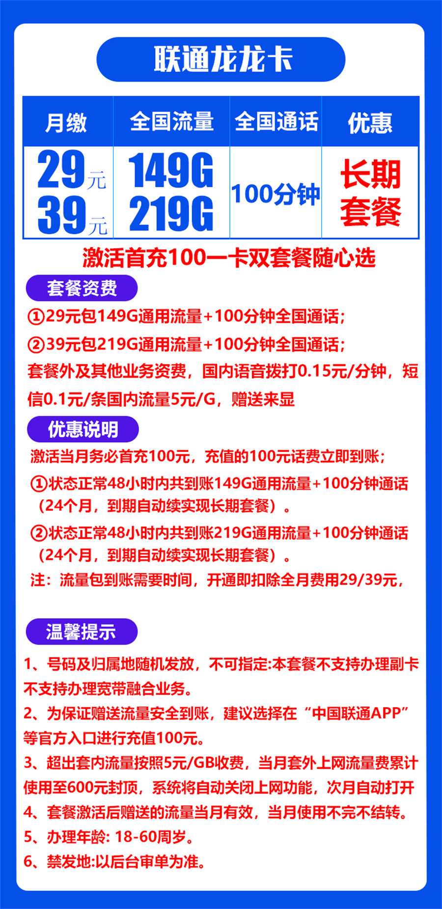 联通龙龙卡 一卡双套餐（29元149G,39元219G）+100分钟（长期套餐，自助激活）(图2)