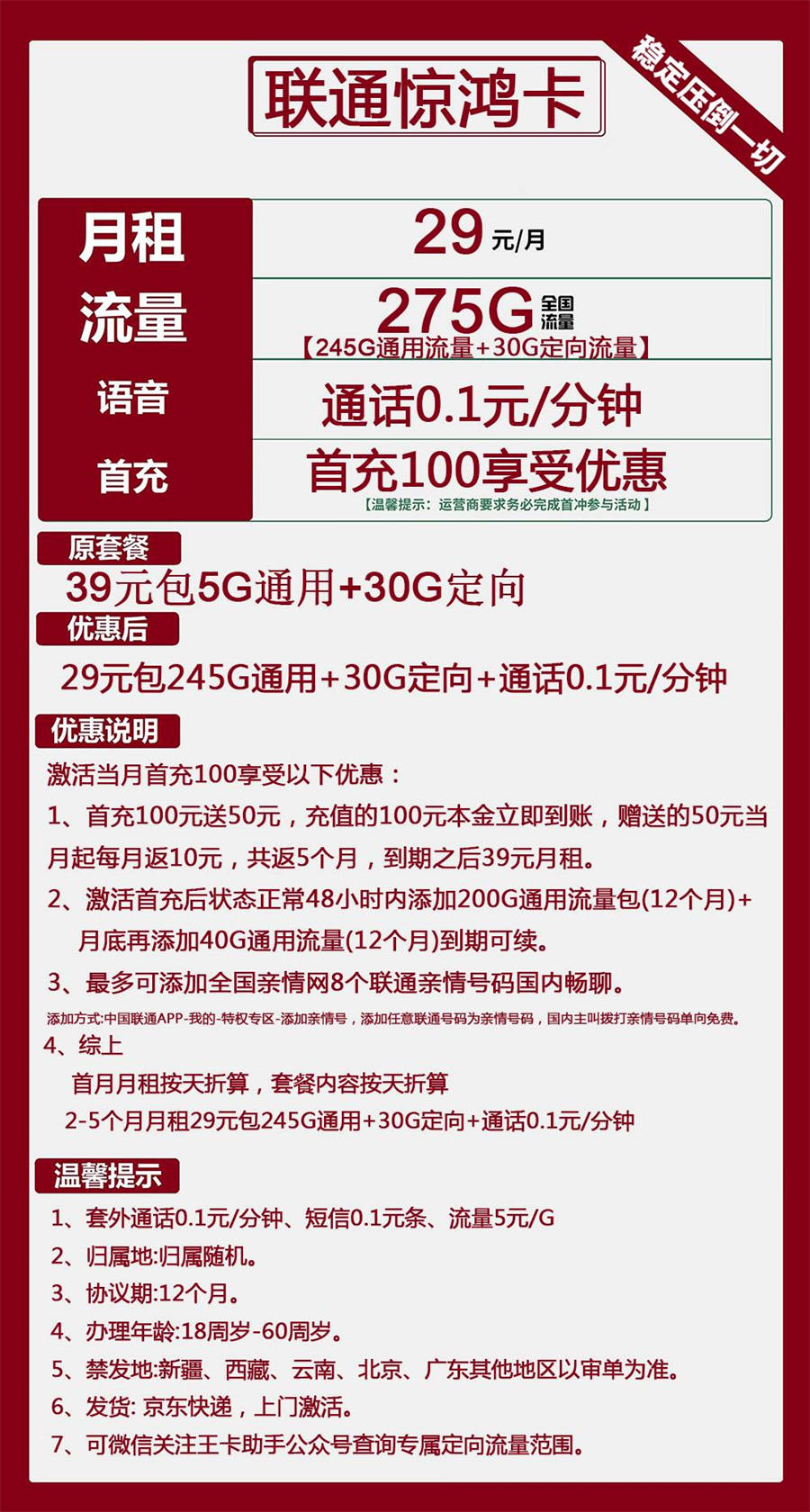 2365 | 联通惊鸿卡29元包245G通用+30G定向+通话0.1元/分钟(图1)