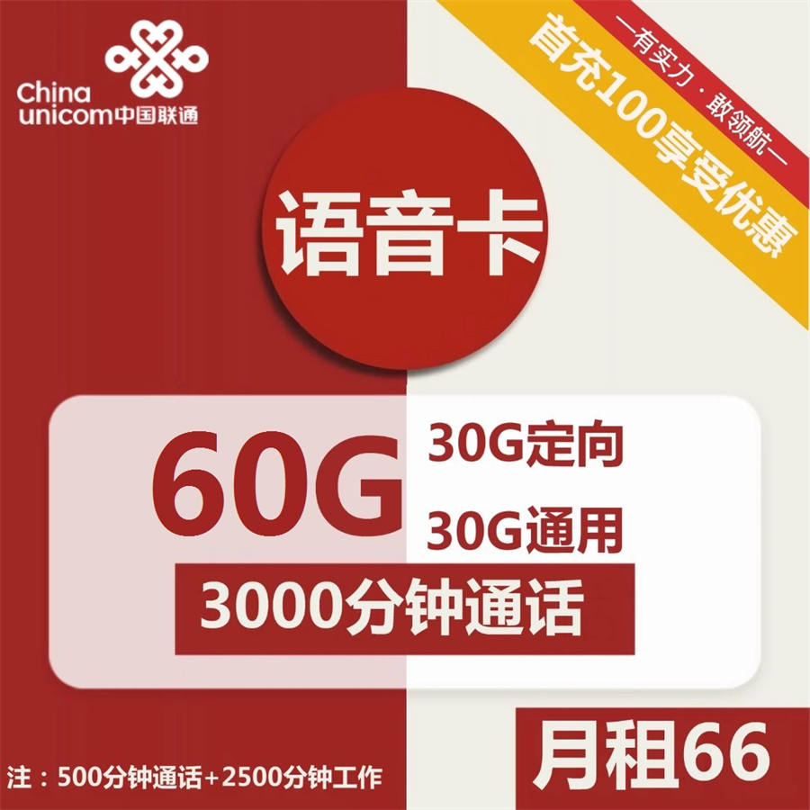 1996 | 联通语音卡66元包58G通用+30G定向+3000分钟通话+视频会