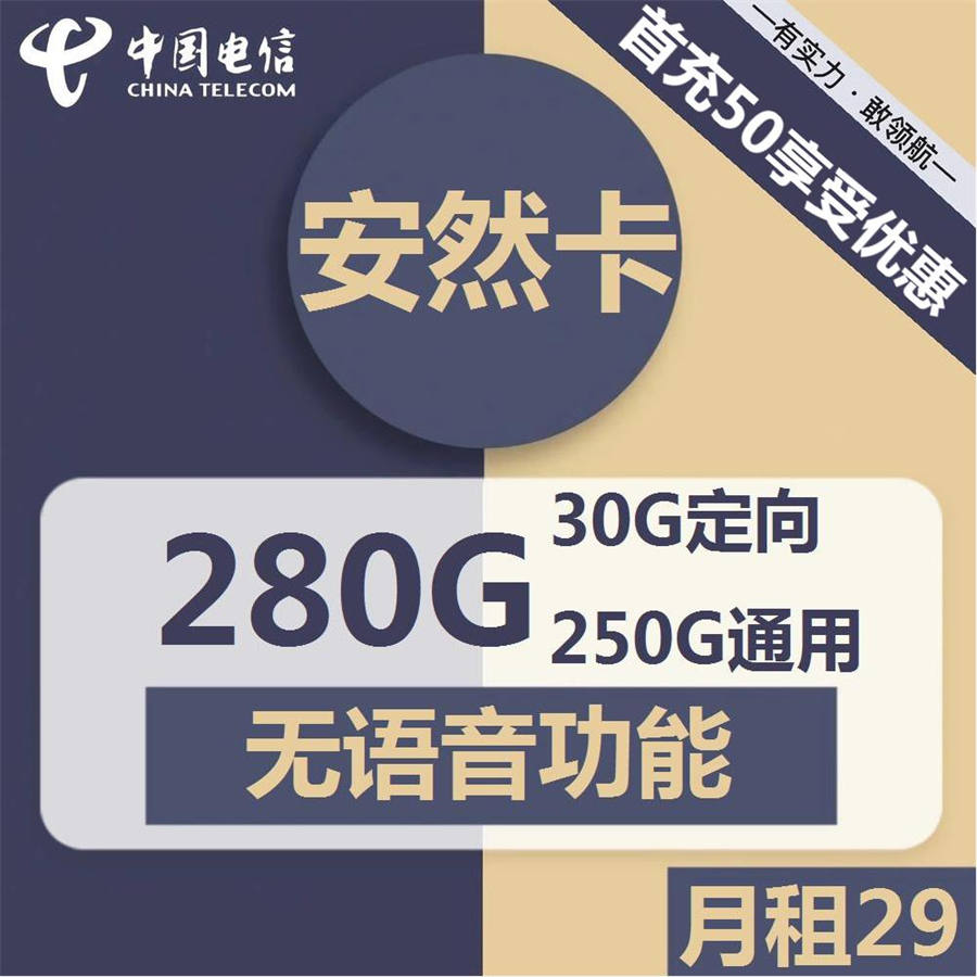 2358 | 电信安然卡29元包250G通用+30G定向+无语音功能