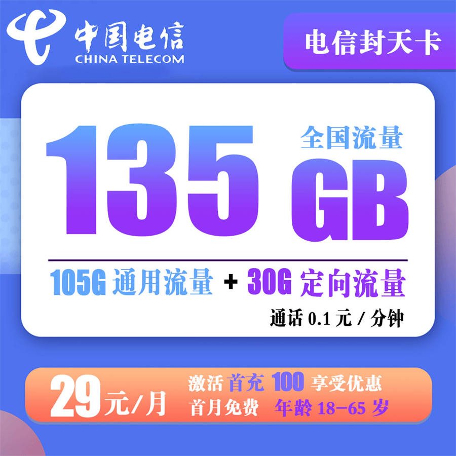 电信封天卡29元135G流量+100分钟（长期套餐）