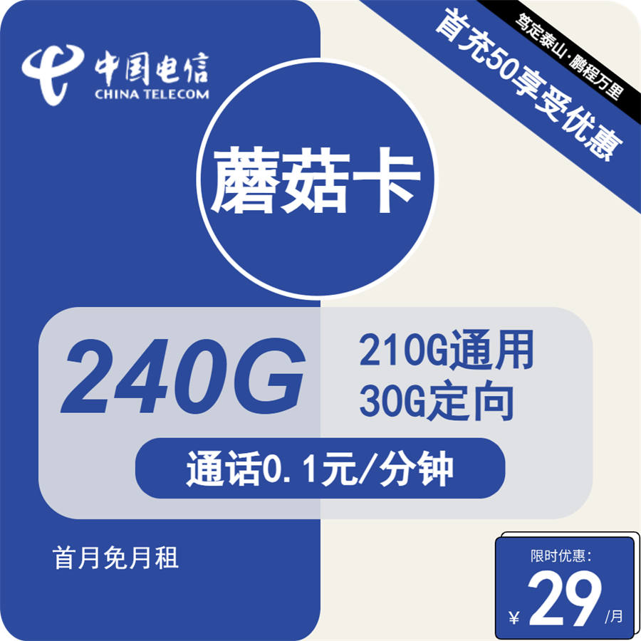 2507 | 电信蘑菇卡29元包210G通用+30G定向+通话0.1元/分钟