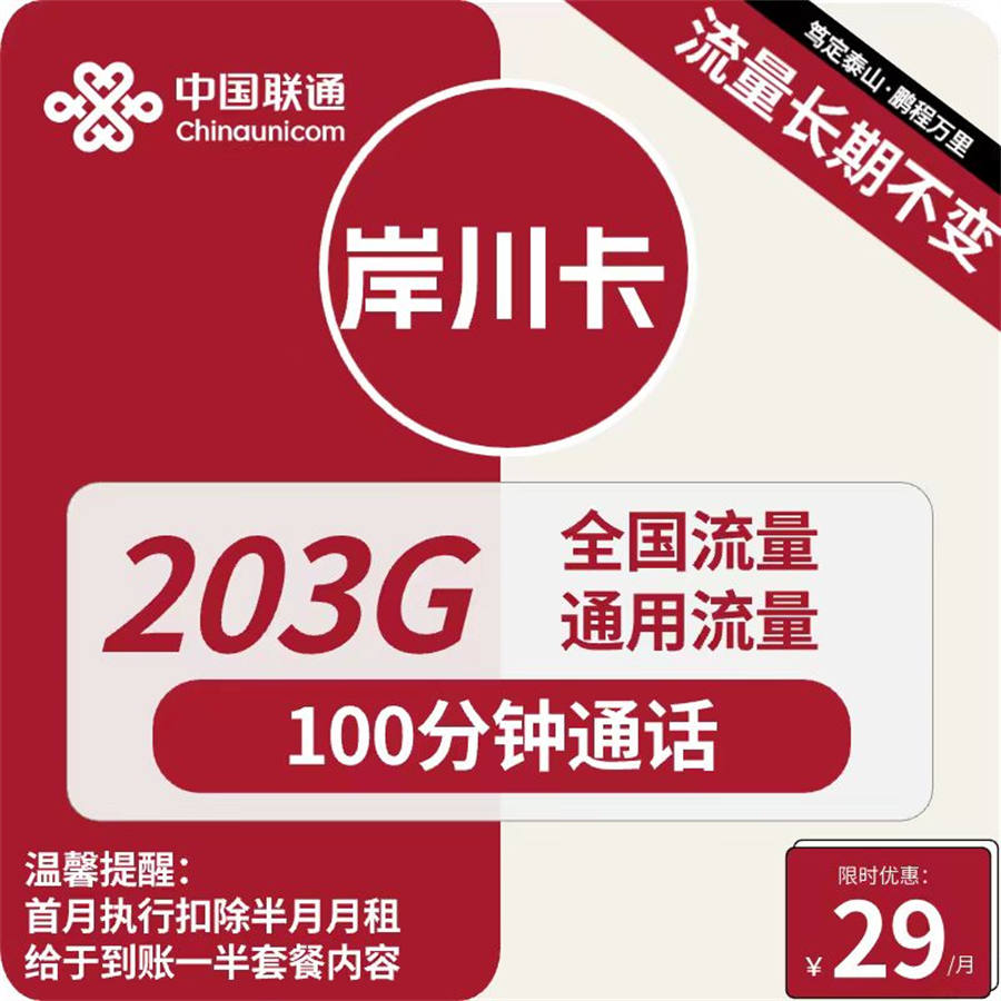 2471 | 联通岸川卡29元包203G通用+100分钟