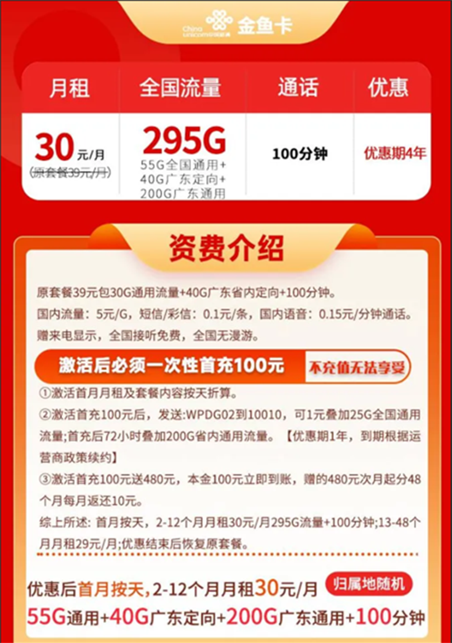 联通金鱼卡30元295G流量+100分钟通话【长期套餐】(图1)