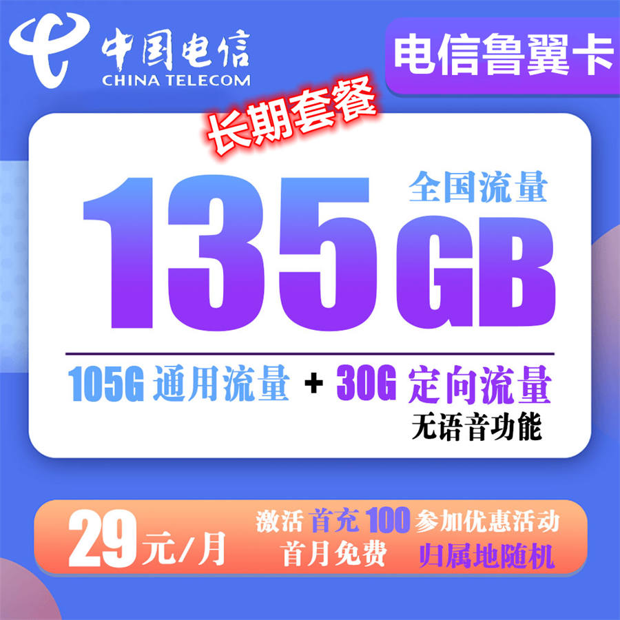 电信鲁翼卡29元135g流量+通话0.1元（20年长期套餐）