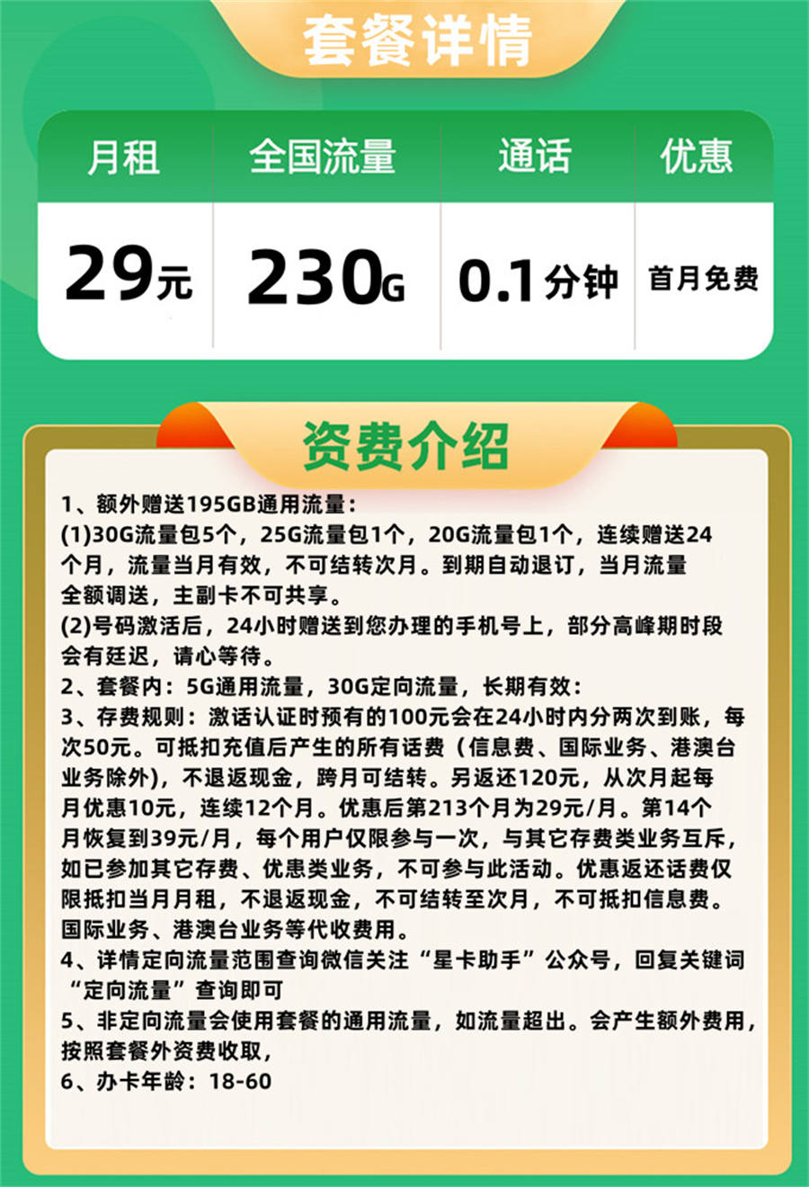 电信徽安卡29元230G流量+0.1分钟通话(图1)