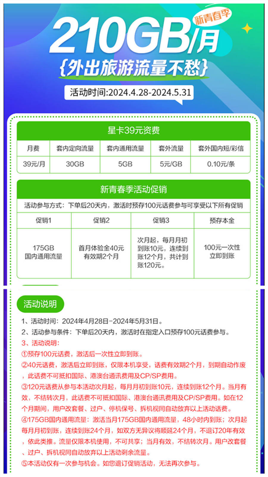 电信荆楚卡29元210G流量+0.1分钟通话（20年长期套餐）(图1)