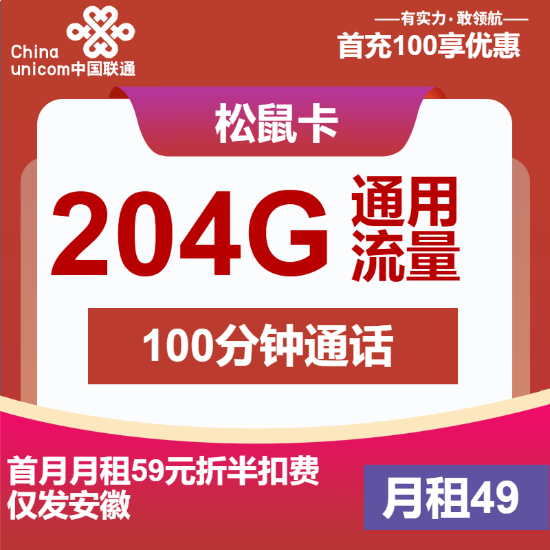 70595-联通松鼠卡49元包204G通用流量+100分钟通话