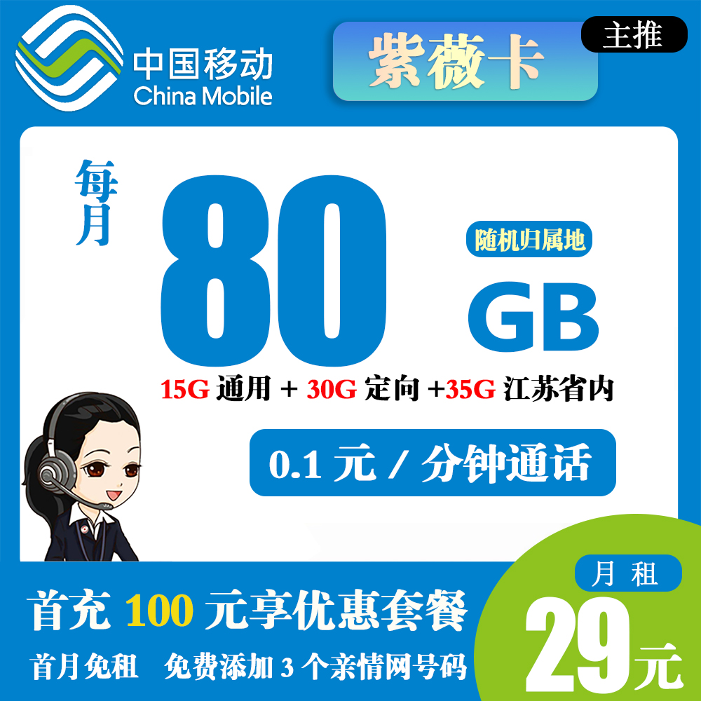 移动紫薇卡29元80G流量+0.1元/分钟通话【仅发江苏省内】