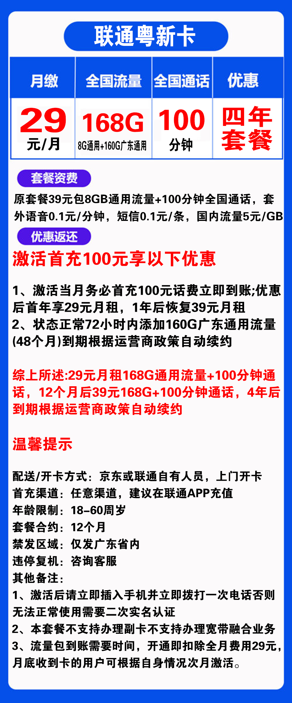 联通粤新卡29元168G流量+100分钟通话【仅发广东省内】