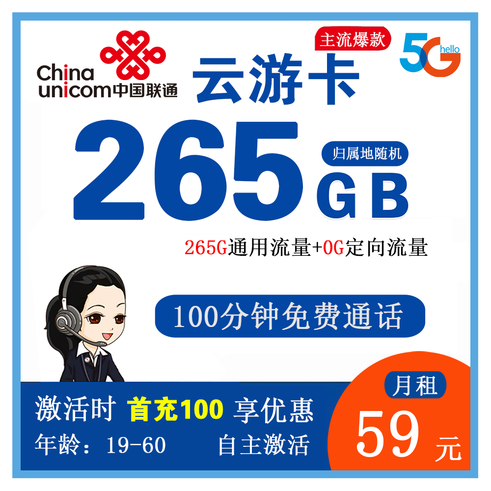 联通云游卡59元265G+100分钟【发全国】