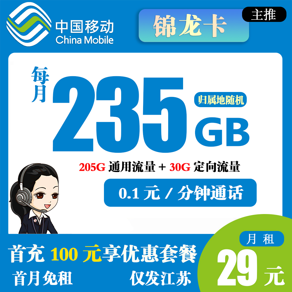 移动锦龙卡29元235GB流量+0.1元/分钟通话【仅发江苏】